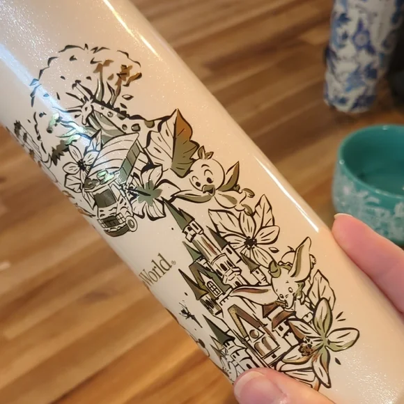 Starbucks Walt Disney World Cream and Gold Water Bottle with Whimsical Design - Picture 5 of 12